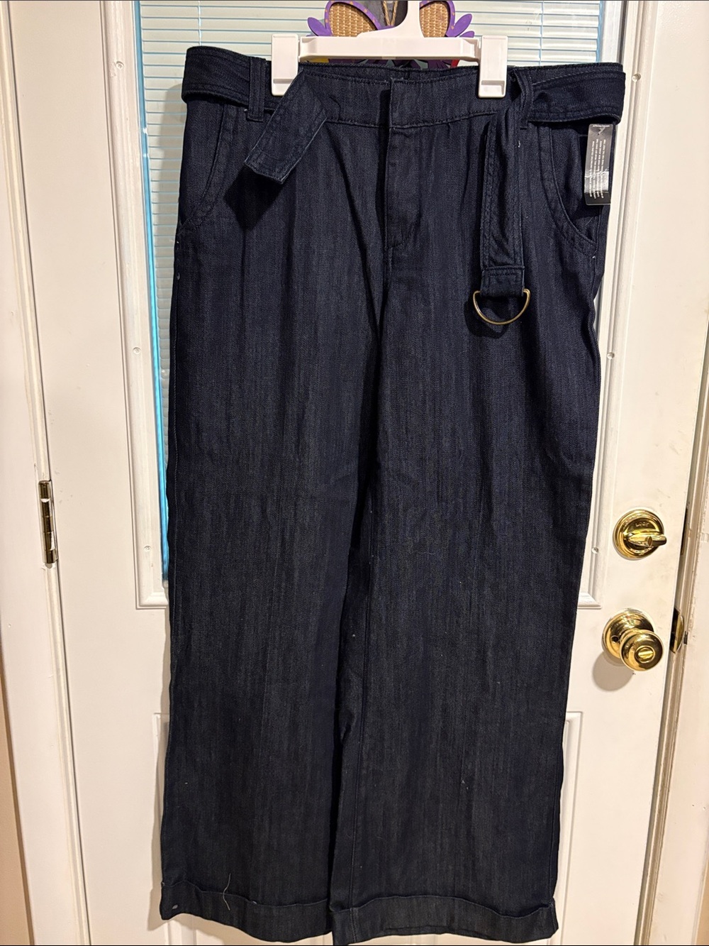 Women’s Wide Leg Dark Denim Pants with Belt